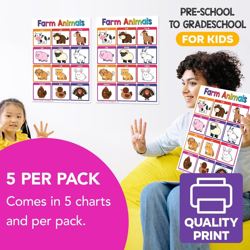 FoldCard Educational Charts for Preschool to Grade 1 Kids – Bright and Colorful Educational Visual/Learning Aid Posters | Glossy Durable Cardstock | 8.5" x 11" | 5 per Pack (Farm Animals) - Image 4